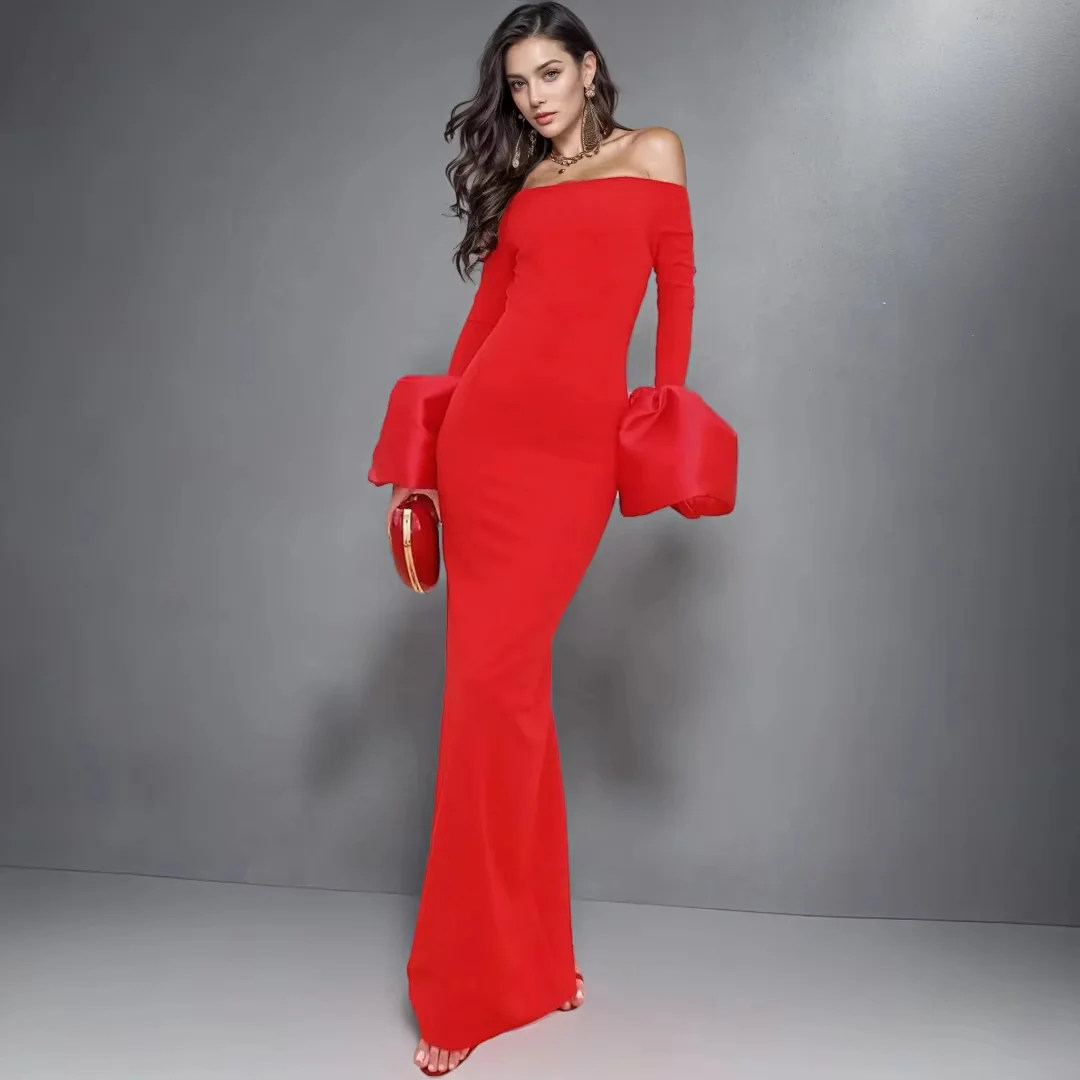 Off-Shoulder Red Black Evening Dress