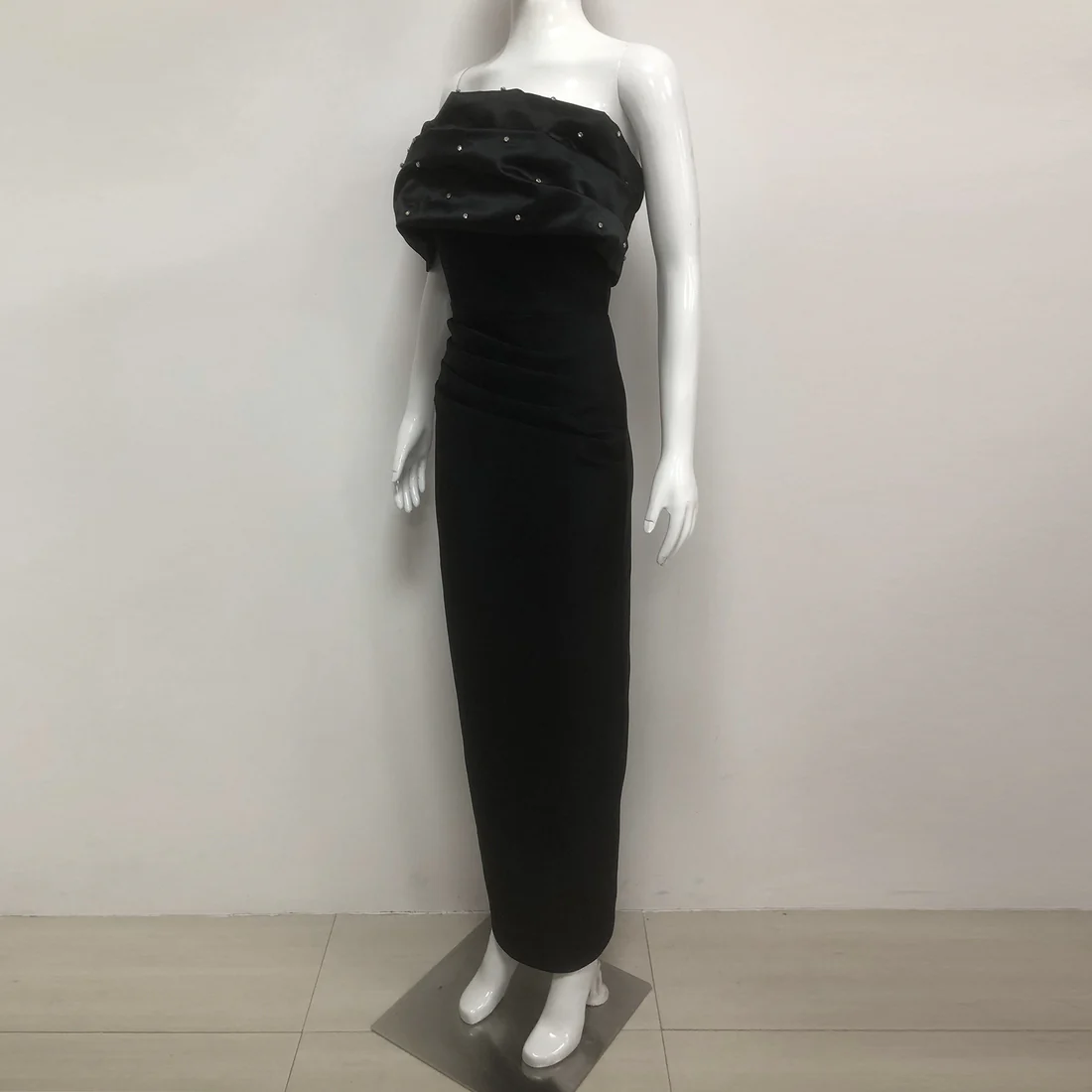 Elegant Pearl-Embellished Black Gown