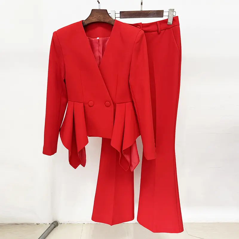Red Ruffled-Blazer Pant Set