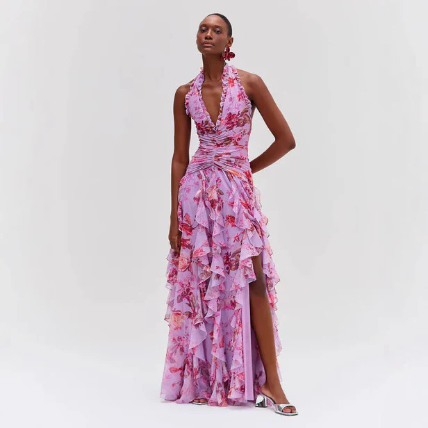 Floral Ruffle Halter Evening Gown