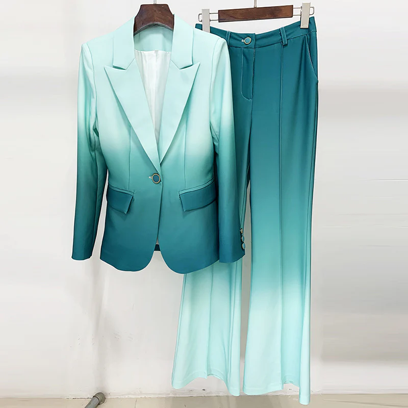 Gradient Green Women Two Piece Blazer Suit