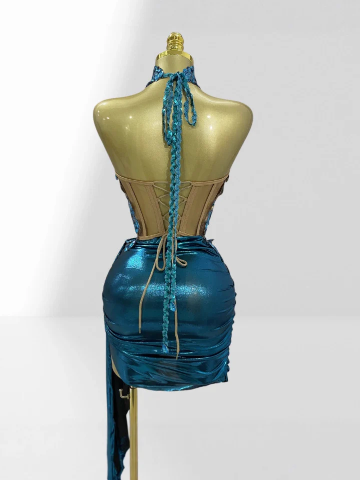 Blue Crystal Cut-Out Cocktail Dress