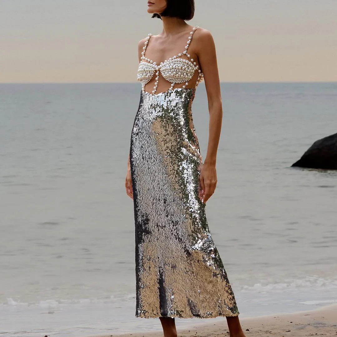 Sequin Pearl-Strap Maxi Dress