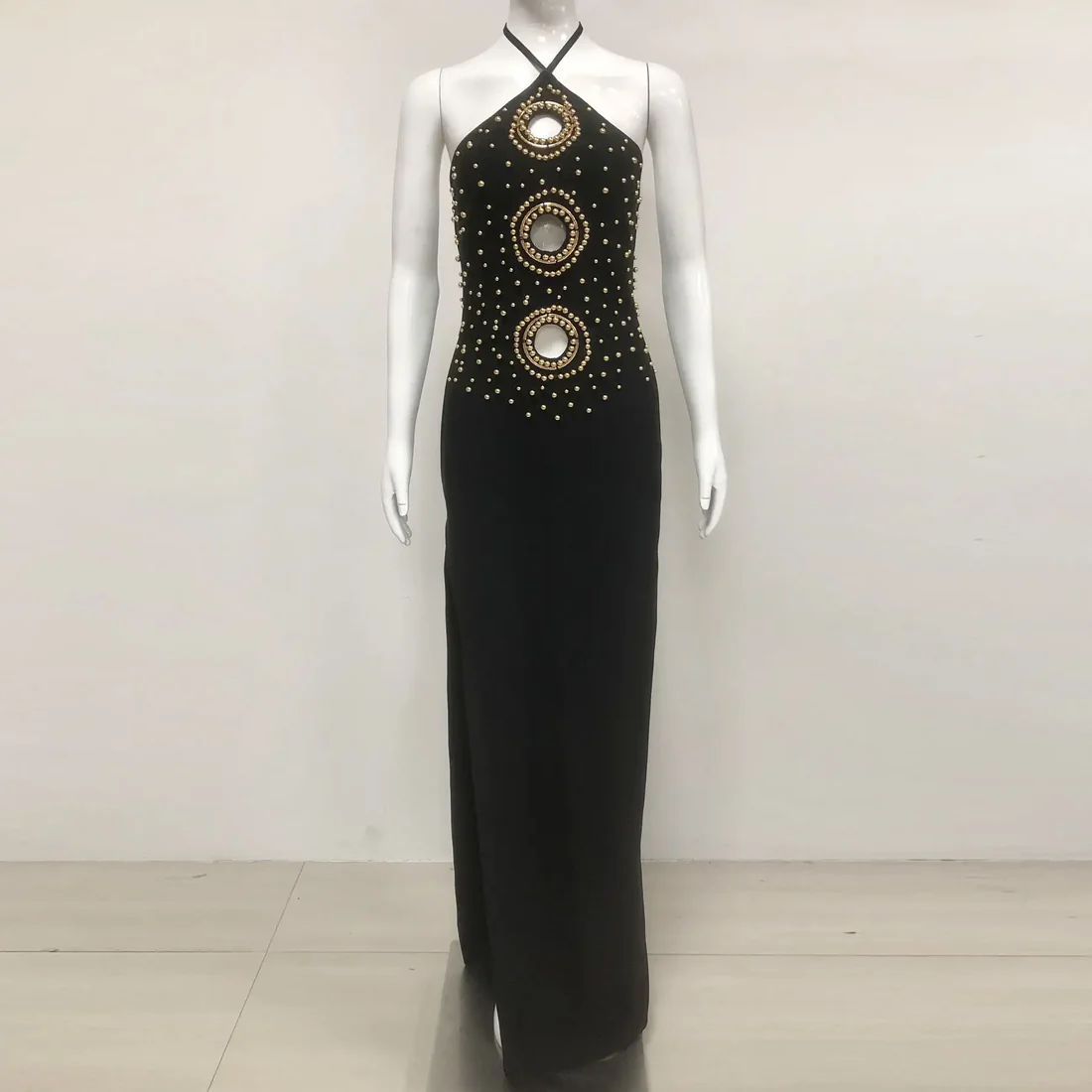 Embellished Black Halter Evening Gown
