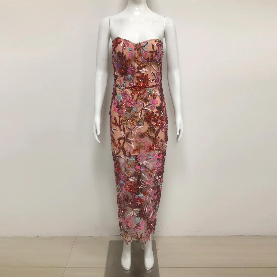 Strapless Floral Lace Evening Dress