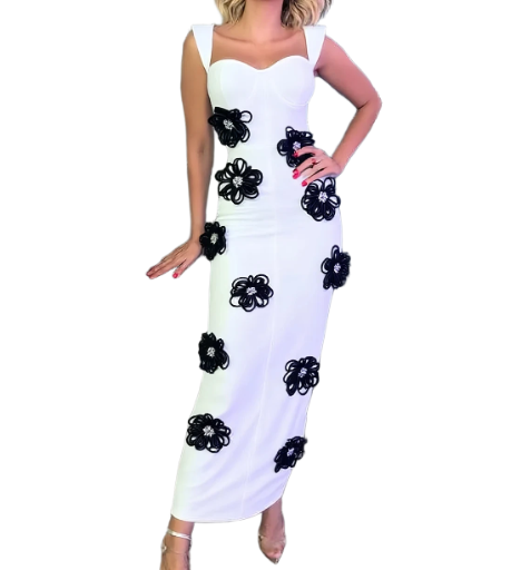 Elegant White Maxi Dress with Black Floral Appliqué