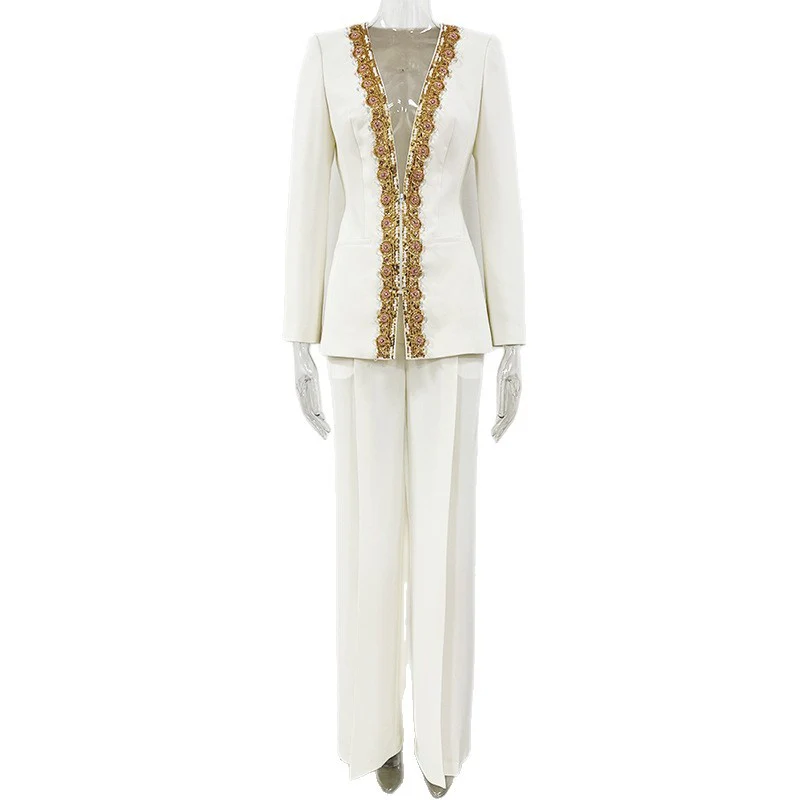 Elegant Formal Evening Wear White Long Sleeve Beaded Gold Trim Blazer Wide Leg Pant Two Piece Set Suits for Women
