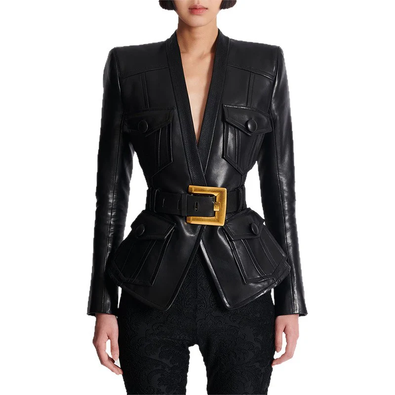 Black Leather Belted Blazer