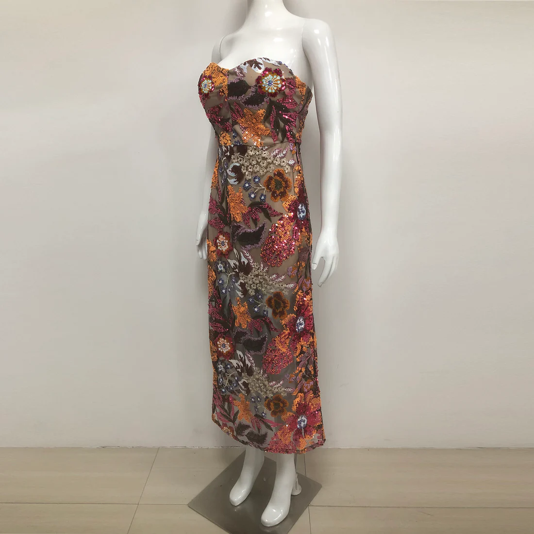 Floral Sequin Strapless Evening Gown