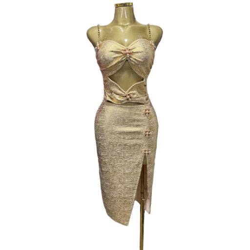 Champagne Embellished Cut-Out Dress