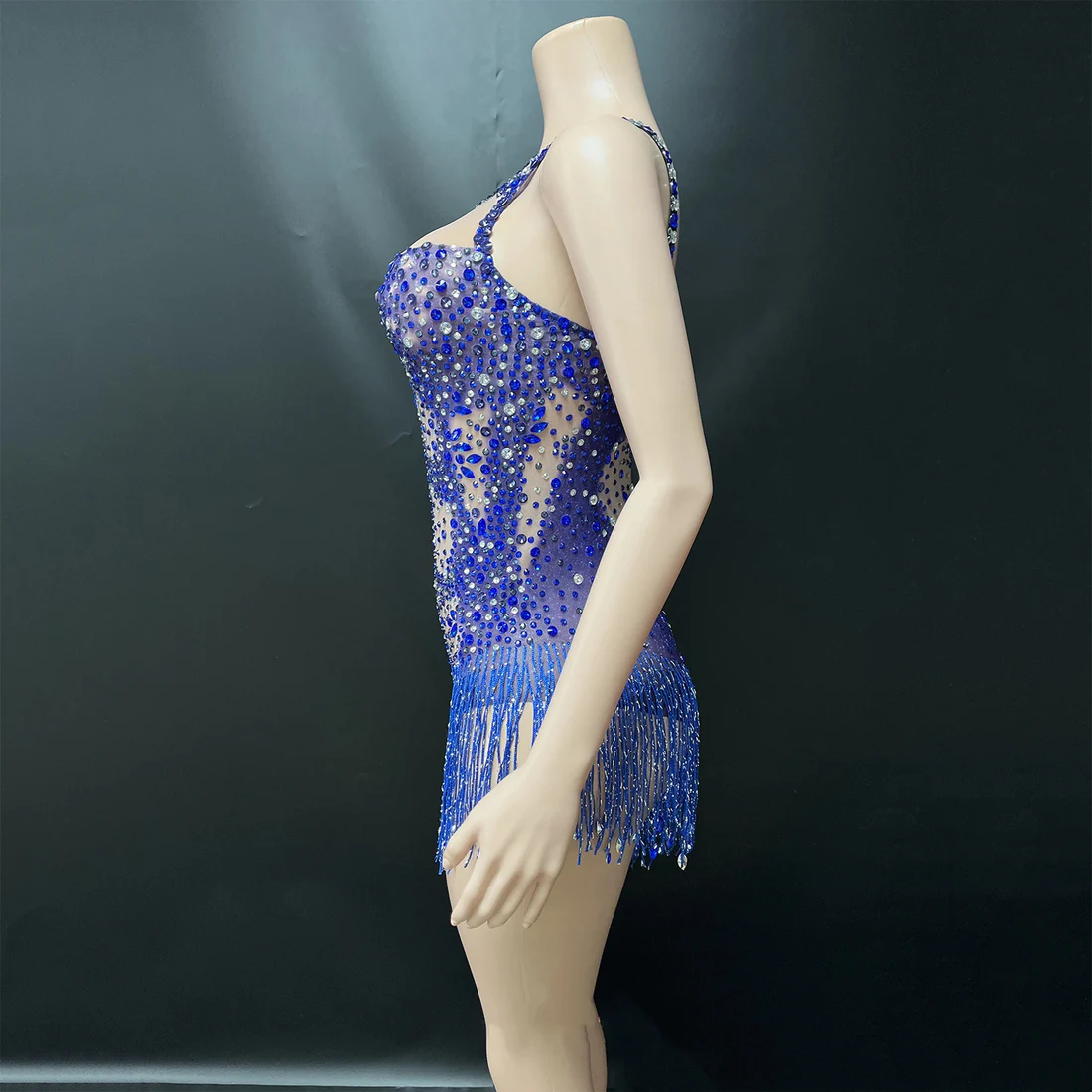 Blue Rhinestone Fringe Dance Bodysuit