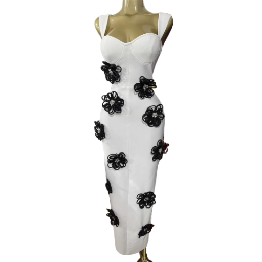 Elegant White Maxi Dress with Black Floral Appliqué