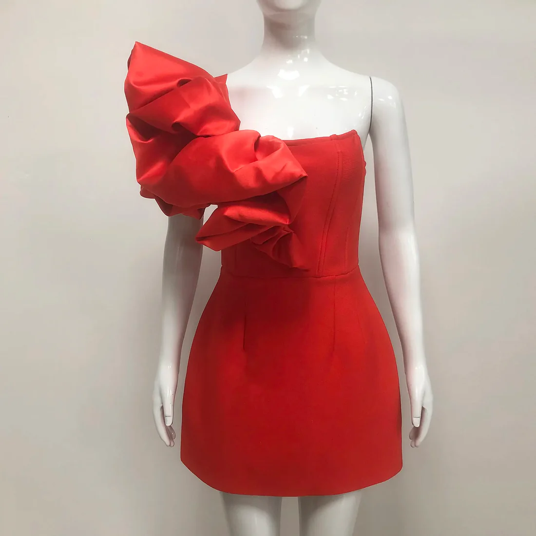 Red One-Shoulder Floral Mini Dress