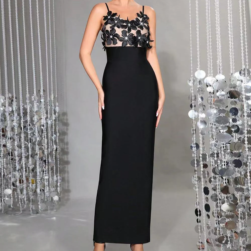 Elegant Black Floral Evening Dress