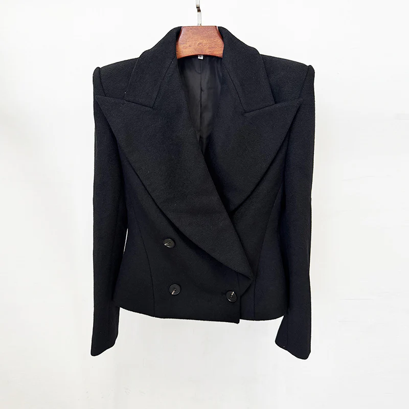 Women's Black Double-Breasted Blazer Black Wool Jacket 