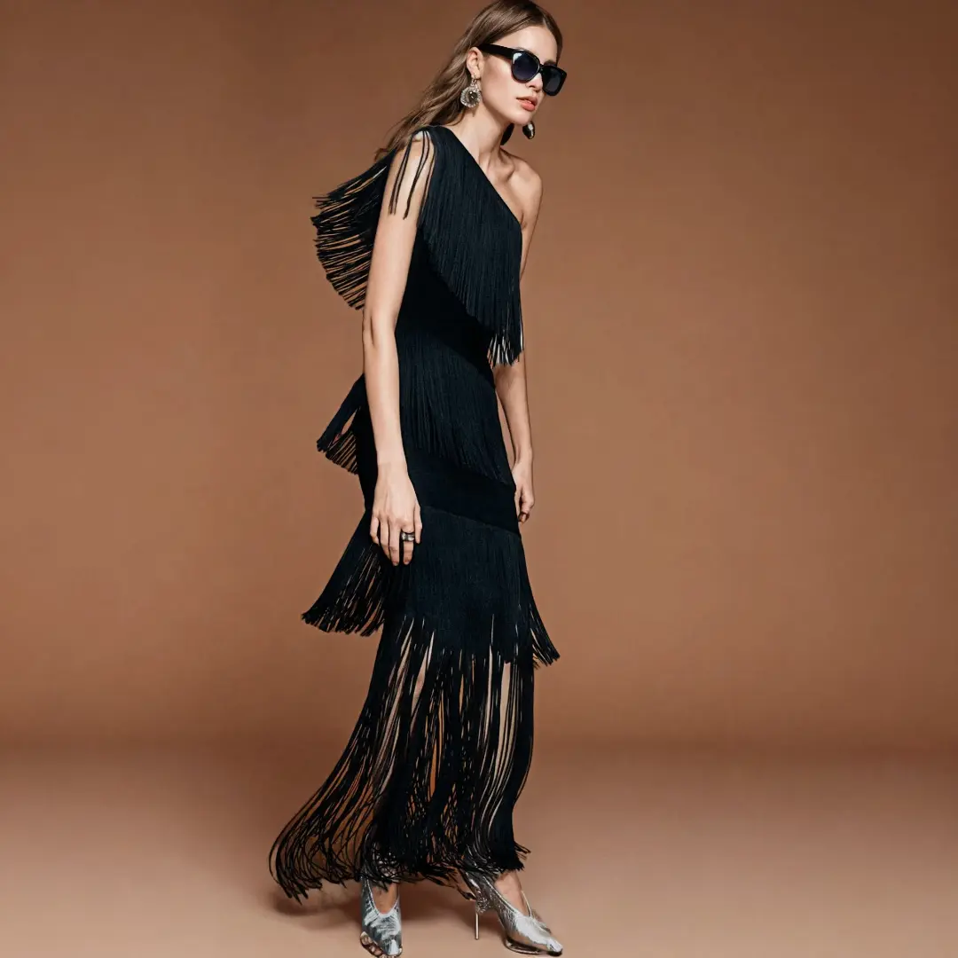 Black Fringe One Shoulder Dress