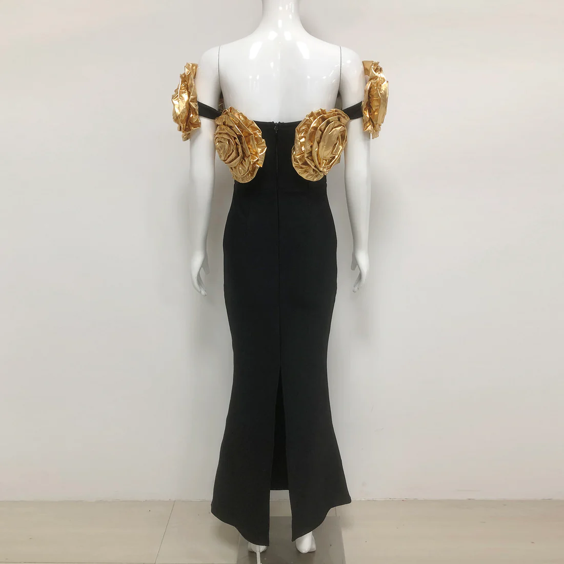 Black Evening Gown with Gold Floral Appliqué