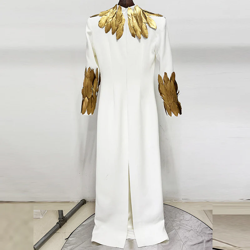 Elegant White & Gold Feather Gown