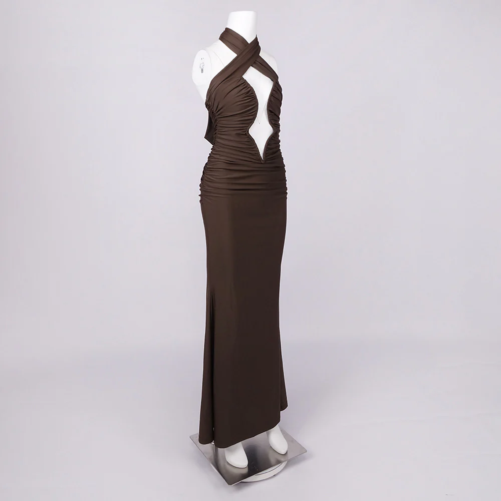 Coffee Brown Halter Cut-Out Maxi Dress