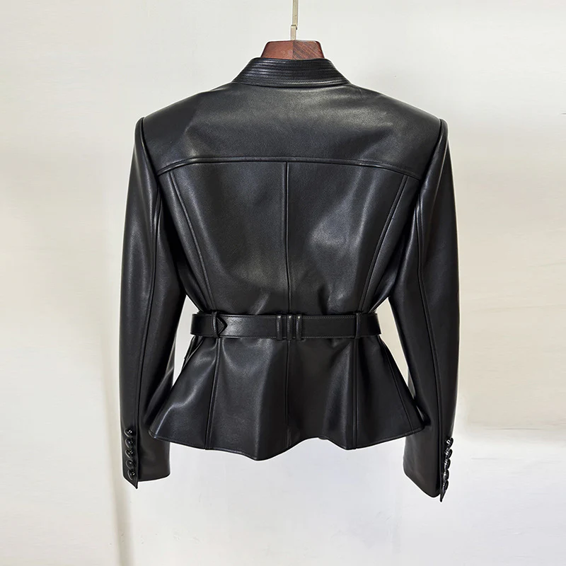 Black Leather Belted Blazer