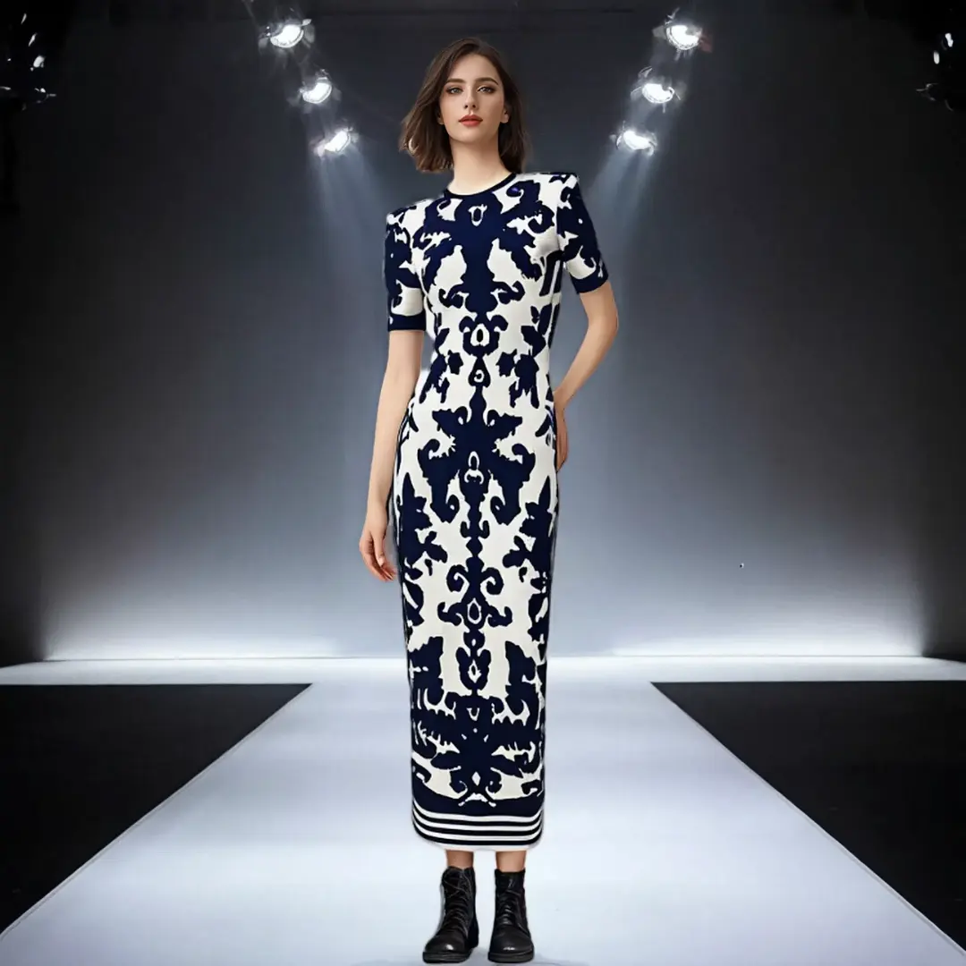 Navy & White Patterned Midi Dress