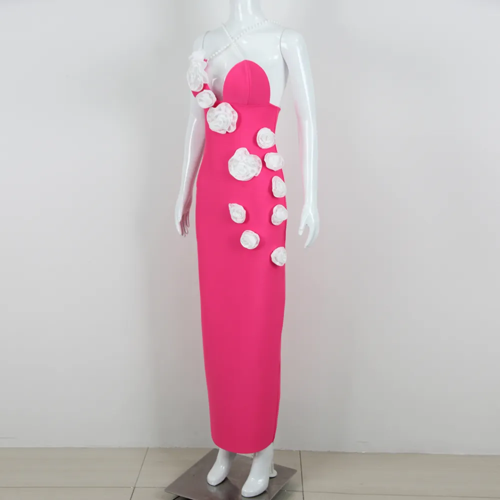 Fuchsia Floral Appliqué Evening Gown