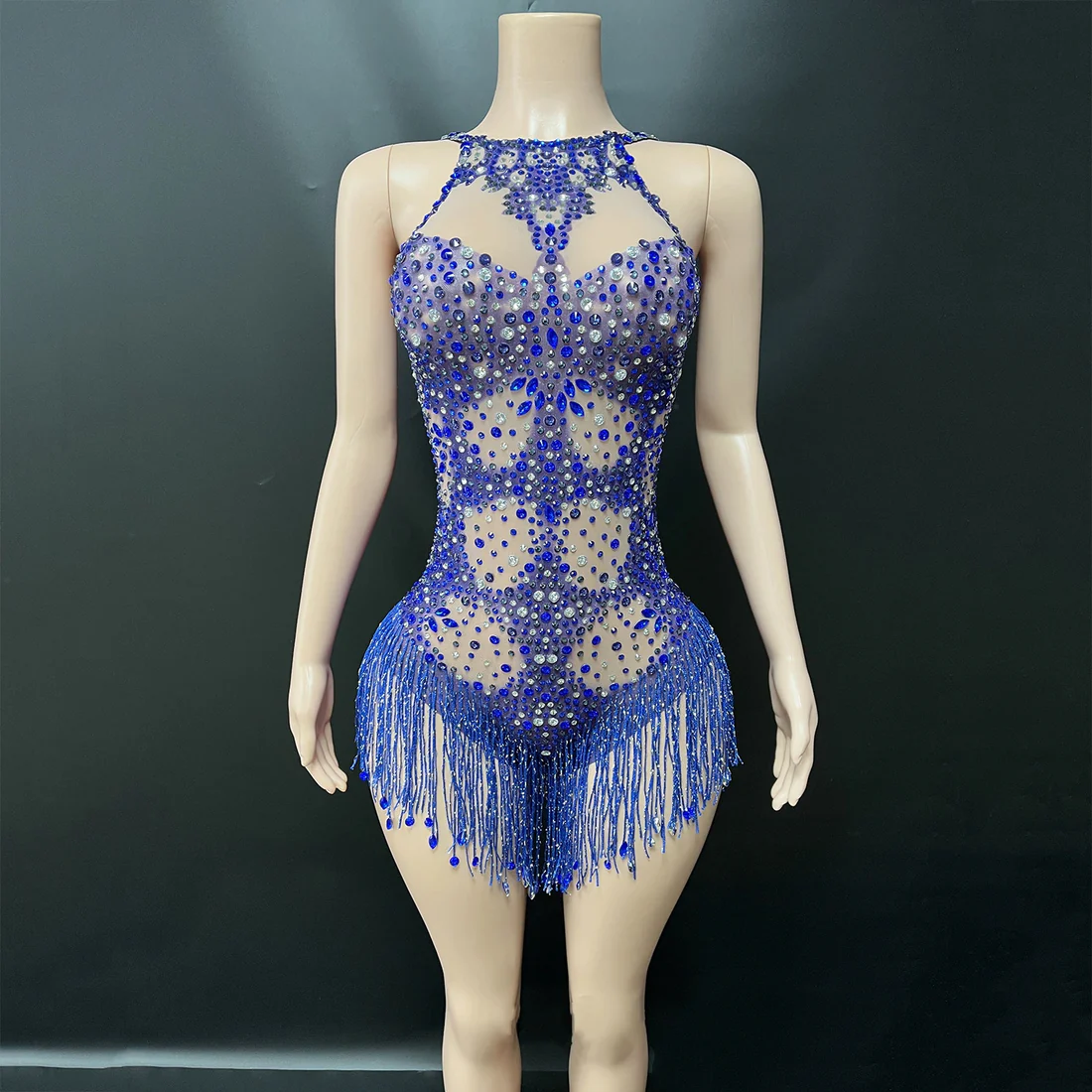 Blue Rhinestone Fringe Dance Bodysuit