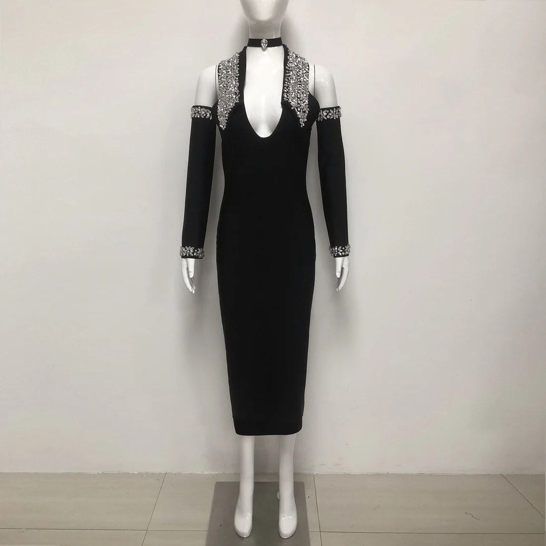 Black Sequin Embellished Evening Dress