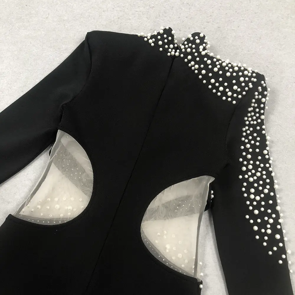 Pearl Embellished Black Evening Gown