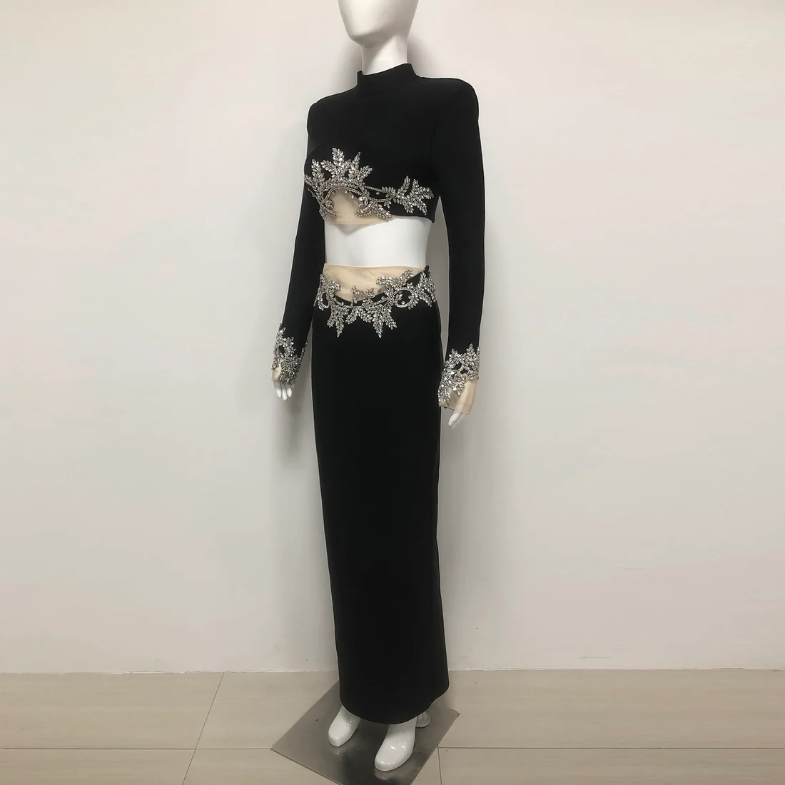 Embellished Black Velvet Evening Dress