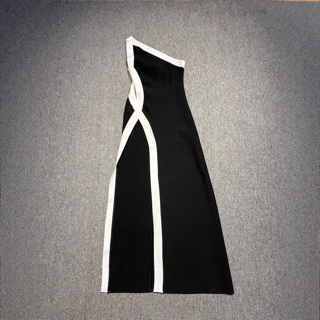 Elegant Black & White Cutout Evening Dress