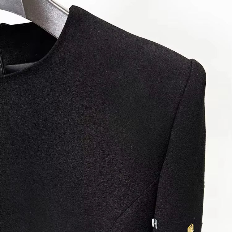 Embellished Sleeve Black Midi Dress