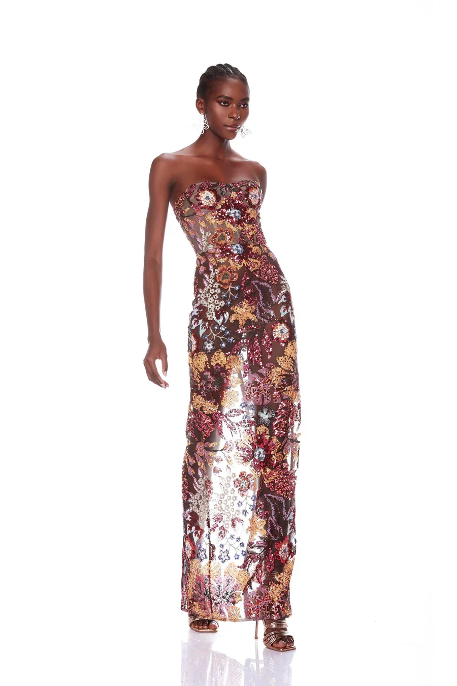 Floral Sequin Strapless Evening Gown