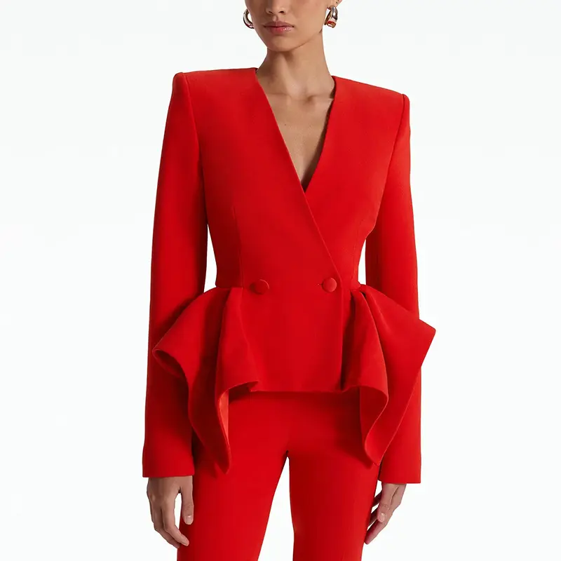 Red Ruffled-Blazer Pant Set