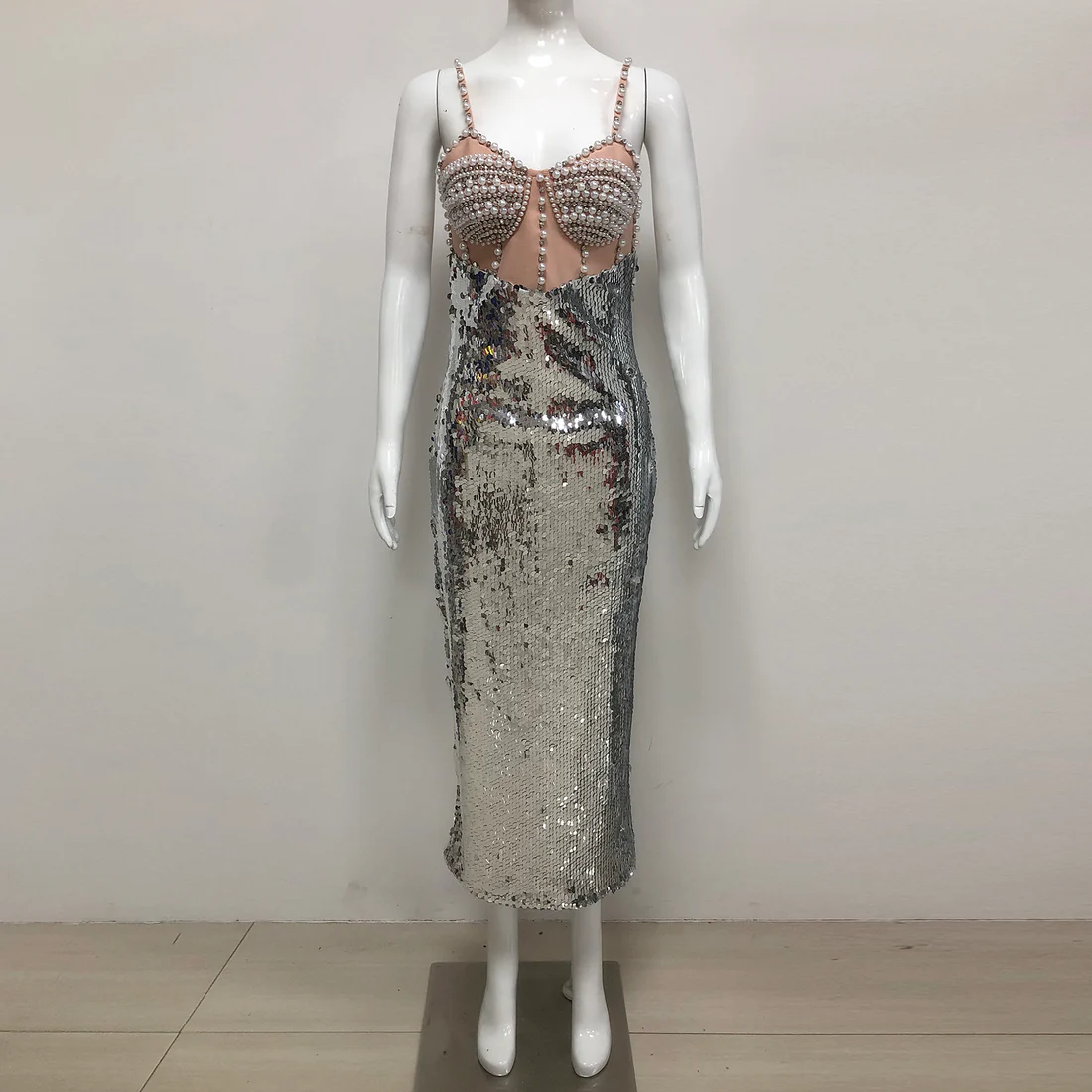 Sequin Pearl-Strap Maxi Dress