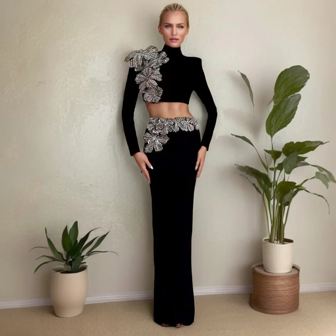 Embellished Black Evening Set