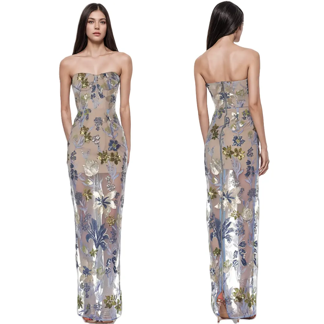 Strapless Floral Embroidered Evening Gown