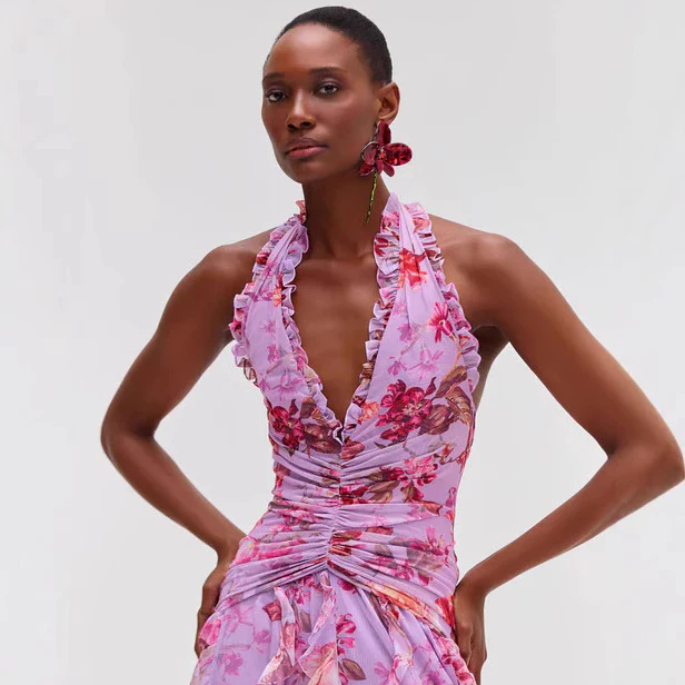 Floral Ruffle Halter Evening Gown