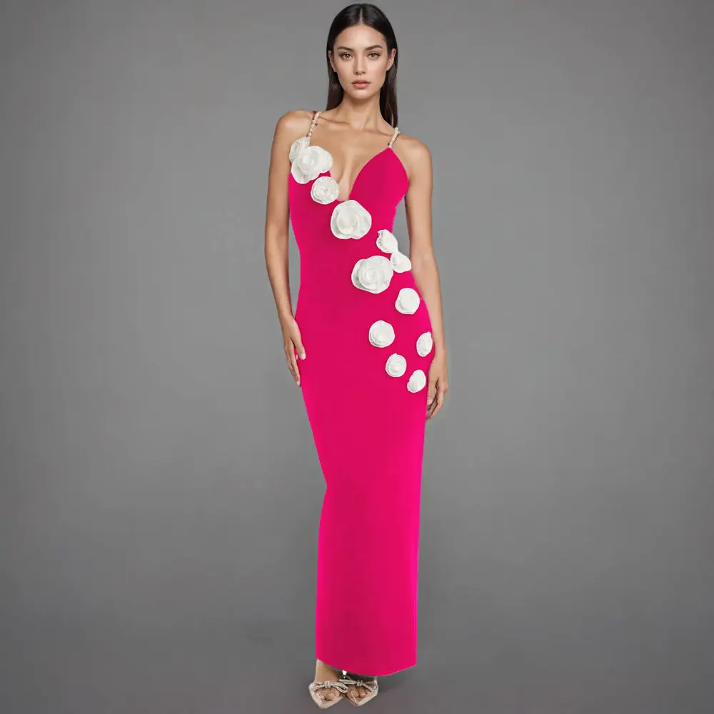Fuchsia Floral Appliqué Evening Gown
