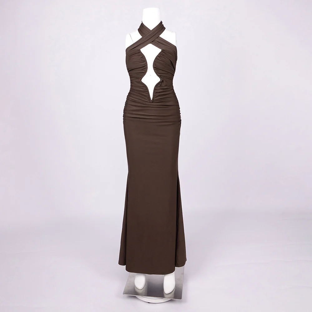 Coffee Brown Halter Cut-Out Maxi Dress