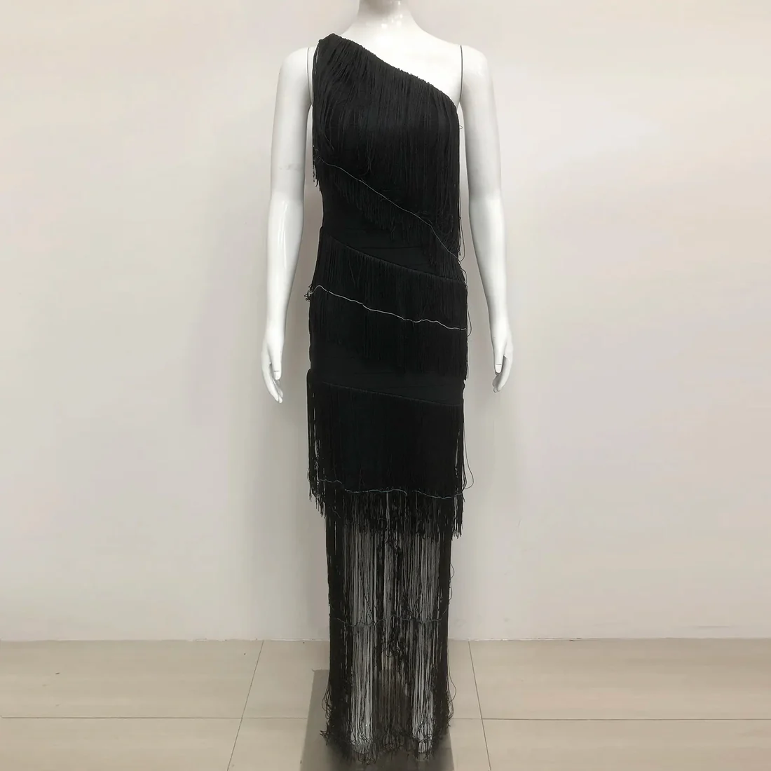 Black Fringe One Shoulder Dress