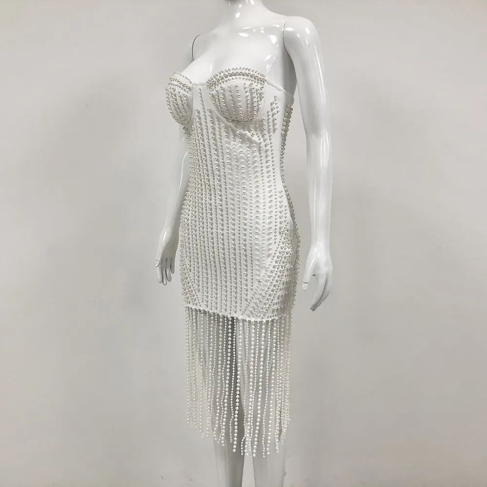 White Pearl Beaded Fringe Dress