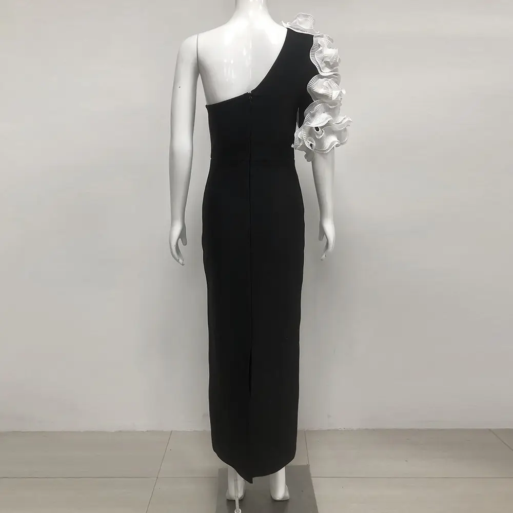 Black Midi Dress with Floral Shoulder