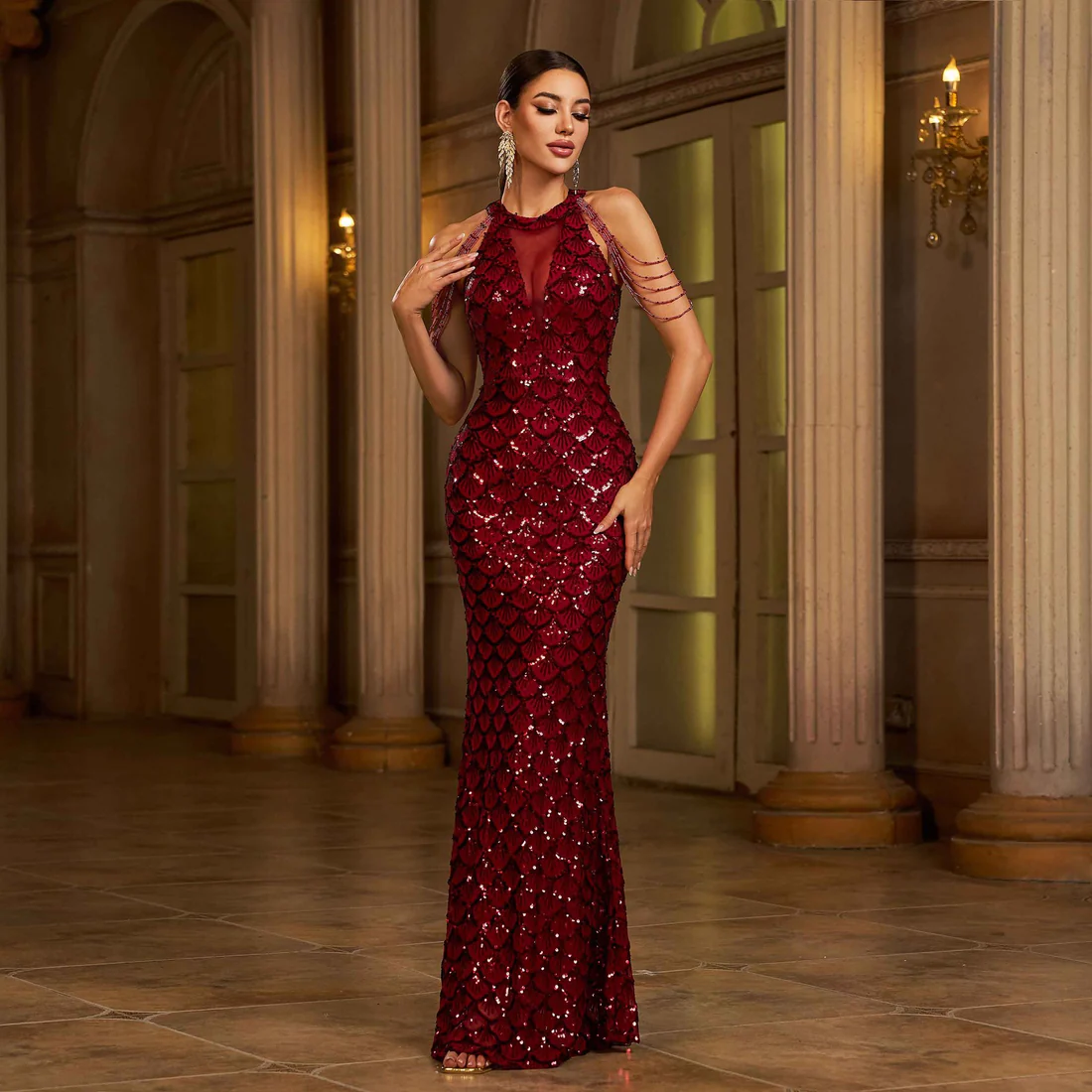 Elegant Burgundy Sequin Evening Gown