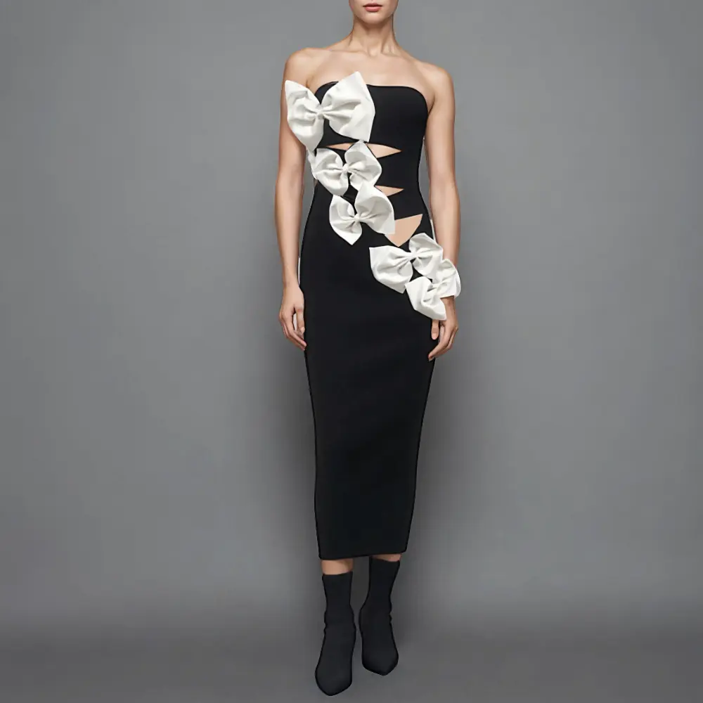 Black Strapless Bow Midi Dress