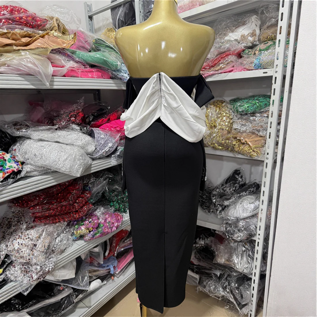 Elegant Off-Shoulder Black and White Evening Dress