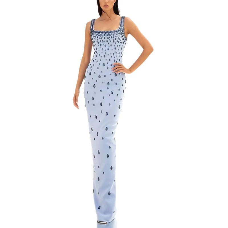 Elegant Blue Embellished Evening Gown