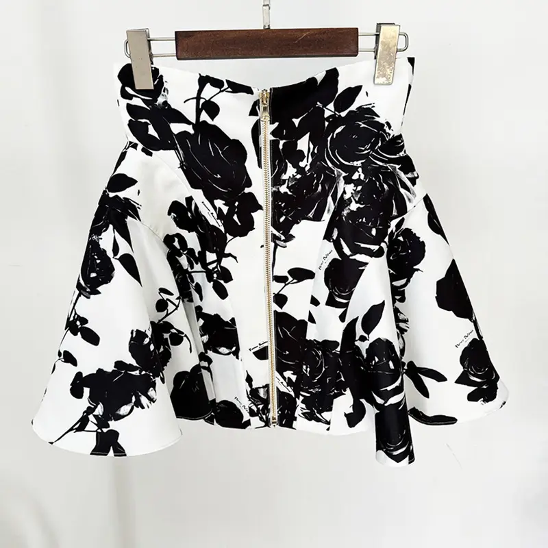 Black Floral Print Flared Skirt