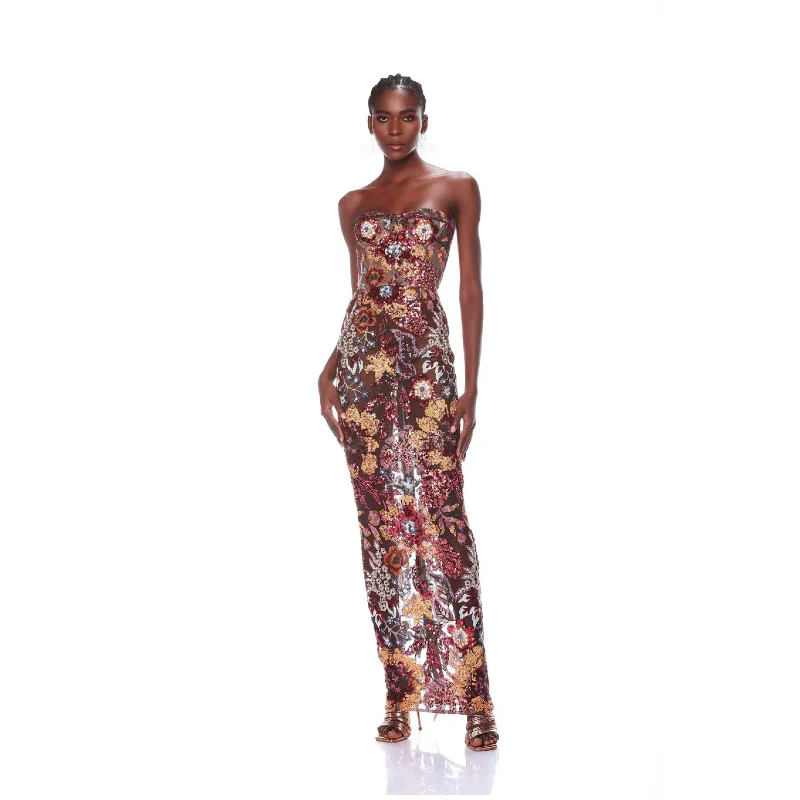 Floral Sequin Strapless Evening Gown