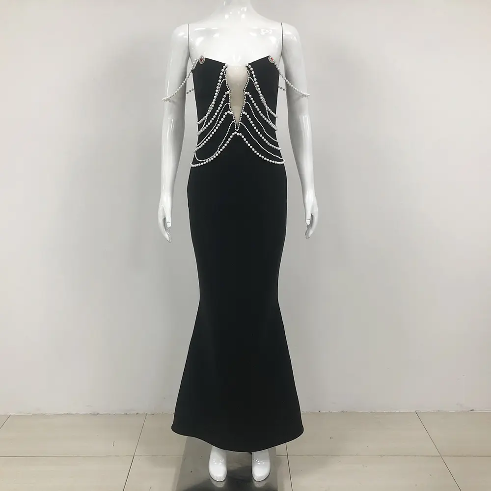 Elegant Black Pearl-Embellished Evening Dress